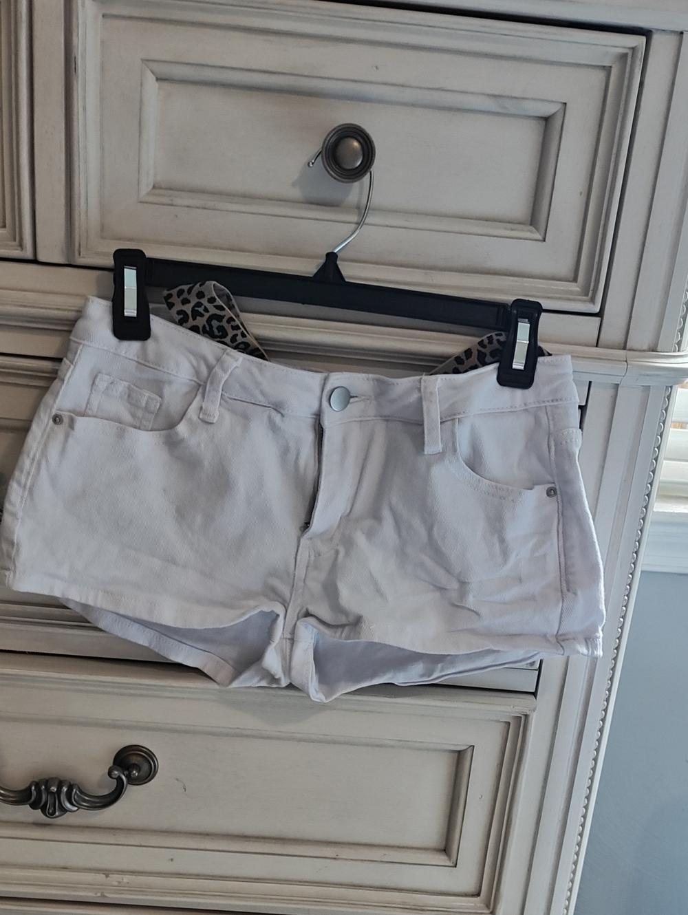 SHEIN White Denim Shorts with Leopard Accent